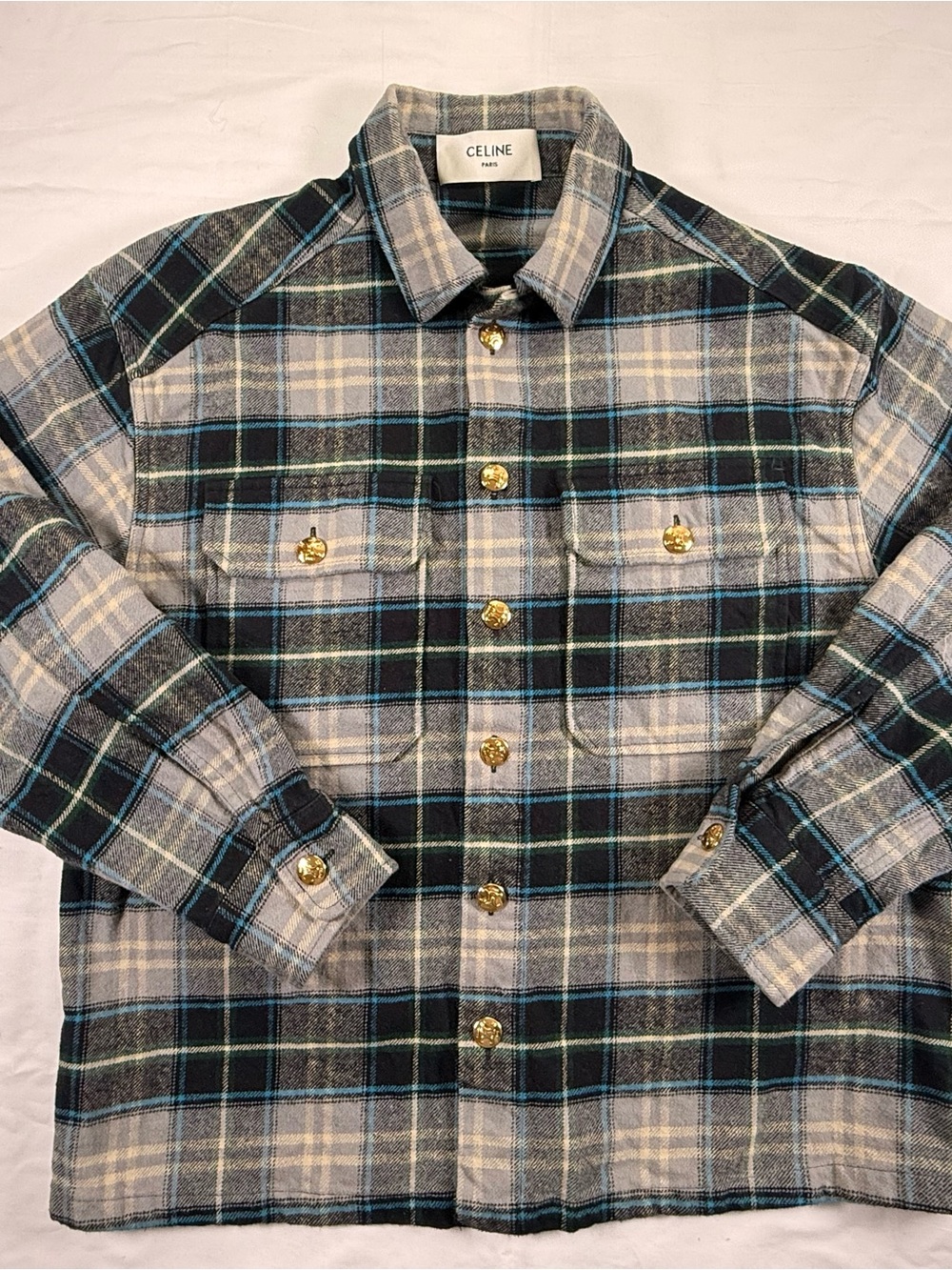 Celine Plaid Button-Down Shirt in Black, Gray & Blue